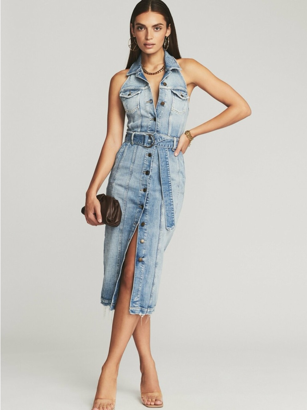 Retrofete Logan Light Blue Denim Halter Button-Front Midi Dress